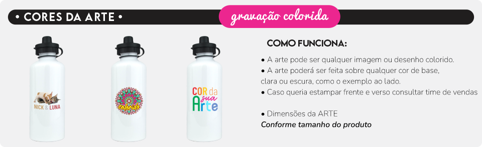 gravacao colorida garrafa aluminio squeeze branco 600ml tampa dupla loja copos
